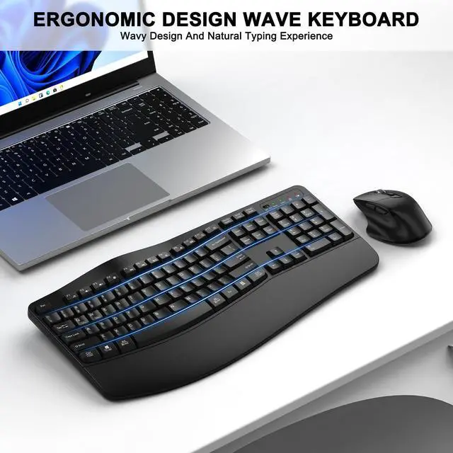 Alt view image 2 of 5 - Wireless Keyboard and Mouse Combo, 2.4G Full Size Wave Keys Ergonomic Keyboard with Wrist Rest and 3-Level DPI Adjustable Wireless Ergonomic Mouse for Windows, Mac OS Desktop/Laptop/PC(Black)