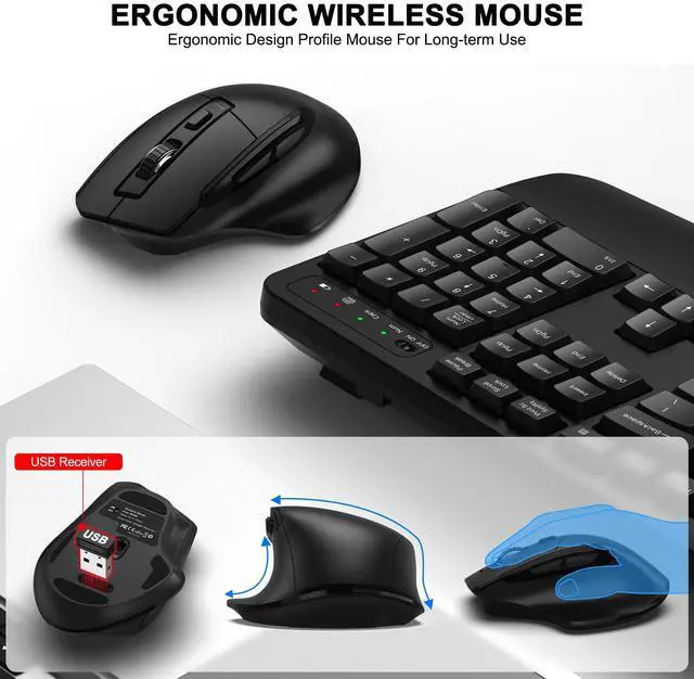 Alt view image 4 of 5 - Wireless Keyboard and Mouse Combo, 2.4G Full Size Wave Keys Ergonomic Keyboard with Wrist Rest and 3-Level DPI Adjustable Wireless Ergonomic Mouse for Windows, Mac OS Desktop/Laptop/PC(Black)