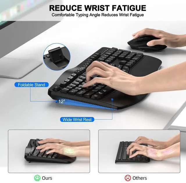 Alt view image 3 of 5 - Wireless Keyboard and Mouse Combo, 2.4G Full Size Wave Keys Ergonomic Keyboard with Wrist Rest and 3-Level DPI Adjustable Wireless Ergonomic Mouse for Windows, Mac OS Desktop/Laptop/PC(Black)