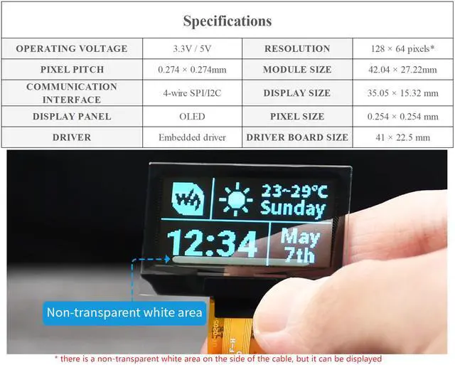 Alt view image 4 of 5 - 1.51inch Transparent OLED Compatible with Raspberry Pi 5/4B/3B+/3B/A+/Pi Zero W/Pi Zero 2W, 128 x 64 Resolution, SPI/I2C Interfaces, Embedded Independent Driver Chip, Light Blue Color Display