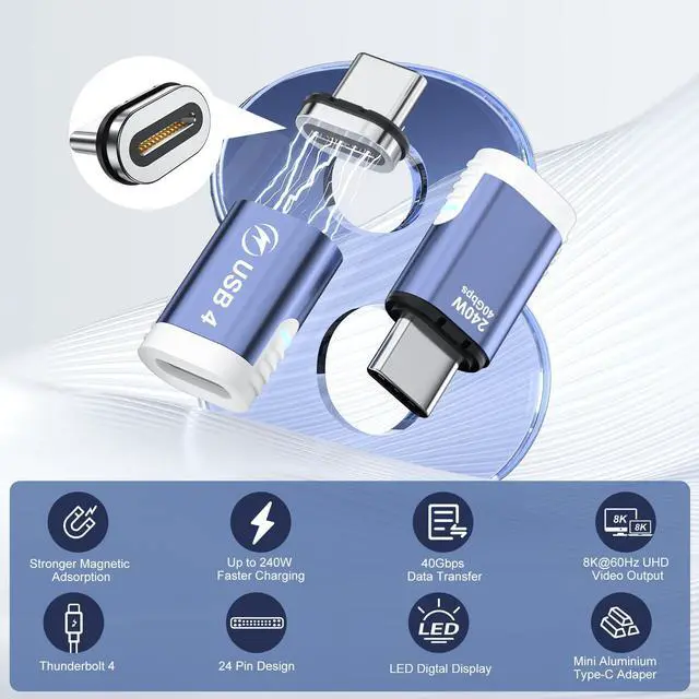 Alt view image 2 of 5 - USB C Magnetic Adapter (2 Pack), 240W USB Type C Male to Female Adapter Extender Compatible with Thunderbolt 3/4, Support up to 240W Charging, 40Gbps Data Transfer and 8K@60Hz Video, Light Blue