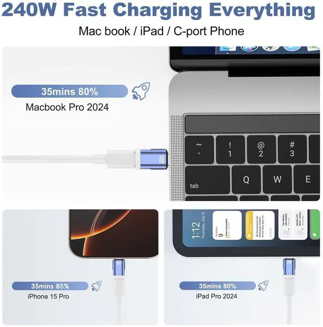 Alt view image 4 of 5 - USB C Magnetic Adapter (2 Pack), 240W USB Type C Male to Female Adapter Extender Compatible with Thunderbolt 3/4, Support up to 240W Charging, 40Gbps Data Transfer and 8K@60Hz Video, Light Blue
