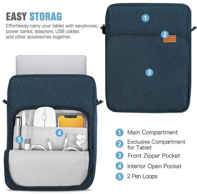 Alt view image 3 of 5 - TiMOVO 9-11 Inch Tablet Sleeve Bag with Shoulder Strap for iPad 11-inch A16 2025, iPad 10th Gen. 10.9", iPad 9th/8th/7th Gen. 10.2", iPad Air 11/5th/4th Gen. 10.9", Galaxy Tab A9 Plus 11", Indigo