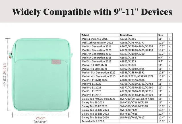 Alt view image 2 of 5 - TiMOVO 9-11 Inch Tablet Sleeve Bag with Shoulder Strap for iPad 11-inch A16 2025, iPad 10th Gen. 10.9", iPad 9th/8th/7th Gen. 10.2", iPad Air 11/5th/4th Gen. 10.9", Galaxy Tab A9 Plus 11", Mint Green