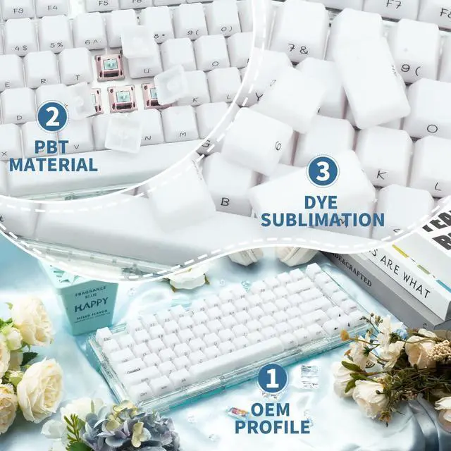 Alt view image 3 of 5 - TIMSEKER White Shine Through Side Print Keycap OEM Profile, ABS Minimalist Custom Keycap Set, 130 Keys Translucent Gaming Key Cap for 61/64/87/104/108 ANSI Layout Mechanical Keyboard