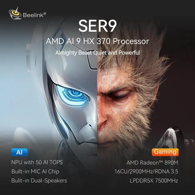 Alt view image 4 of 5 - Beelink SER9 Pro Mini Desktop PC with AMD Ryzen AI 9 HX 370 12C/24T, 32GB DDR5 1TB NVMe M.2 SSD, Triple Display Output, WiFi 6, USB4, 2.5G RJ45, Bluetooth 5.2 W-11 Mini Gaming Computer