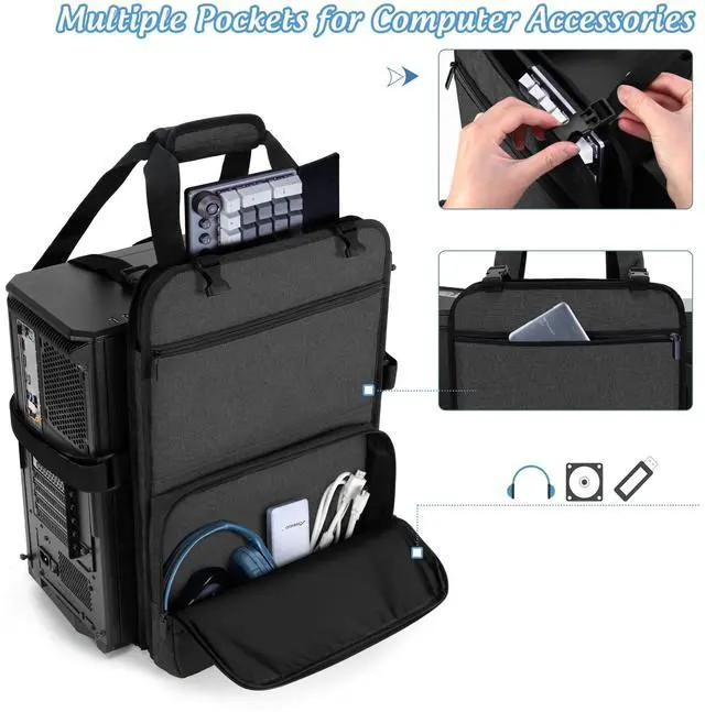 Alt view image 2 of 5 - Trunab PC Tower Carrying Strap with Handle, Desktop Carrying Case with Pockets for Keyboard, Cable and Computer Accessories, Ideal for Transporting On The Go (Patented Design)