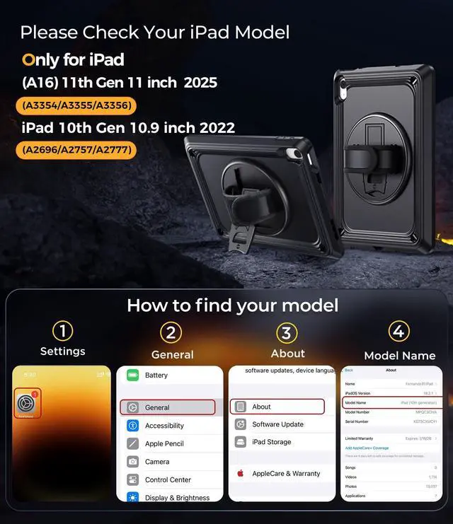 Alt view image 2 of 5 - TSQQST iPad A16 11th/10th Generation Case 10.9 Inch 2025/2022 with Screen Protector | Military Grade | 360 Rotating Stand & Hand Shoulder Strap | Rugged Silicone Heavy Duty Drop Protection | Black