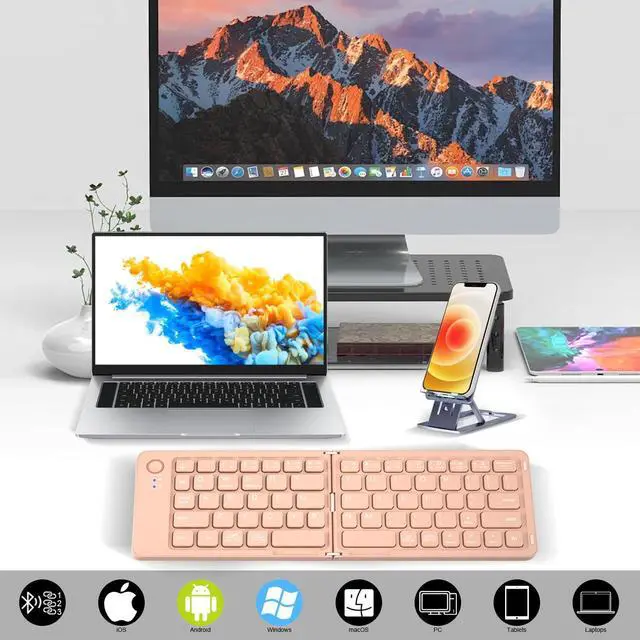 Main image of QUZZZRING Foldable Keyboard Mini Wireless Portable Full Size - Switch Up to 3 Devices, Ultra-Slim Travel for iPhone for iPad for Mac for iOS for Android for Windows(Pink)