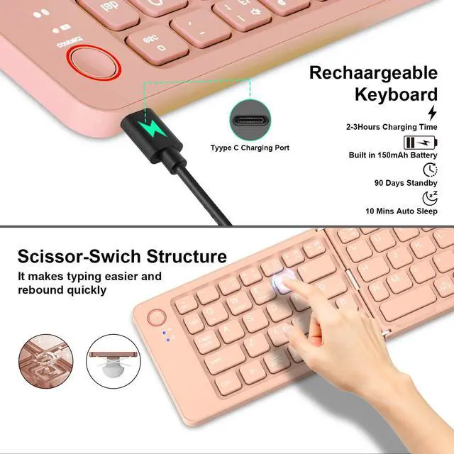 Alt view image 3 of 4 - QUZZZRING Foldable Keyboard Mini Wireless Portable Full Size - Switch Up to 3 Devices, Ultra-Slim Travel for iPhone for iPad for Mac for iOS for Android for Windows(Pink)
