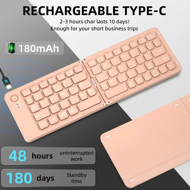 Alt view image 2 of 4 - QUZZZRING Foldable Keyboard Mini Wireless Portable Full Size - Switch Up to 3 Devices, Ultra-Slim Travel for iPhone for iPad for Mac for iOS for Android for Windows(Pink)