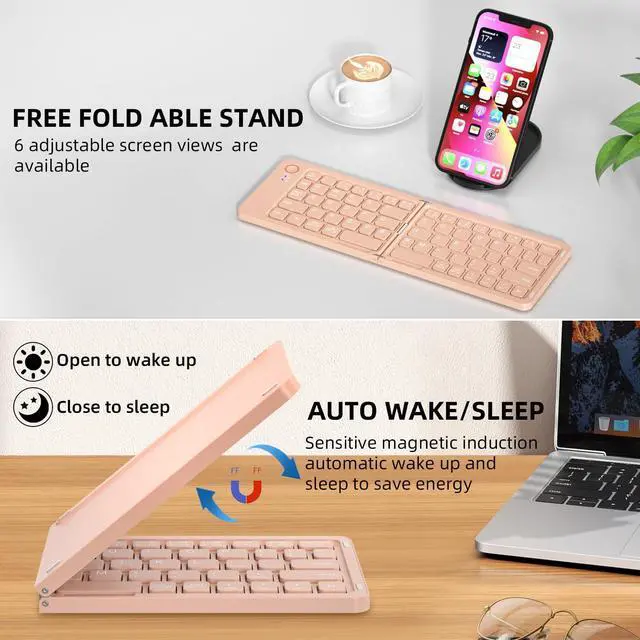 Alt view image 4 of 4 - QUZZZRING Foldable Keyboard Mini Wireless Portable Full Size - Switch Up to 3 Devices, Ultra-Slim Travel for iPhone for iPad for Mac for iOS for Android for Windows(Pink)