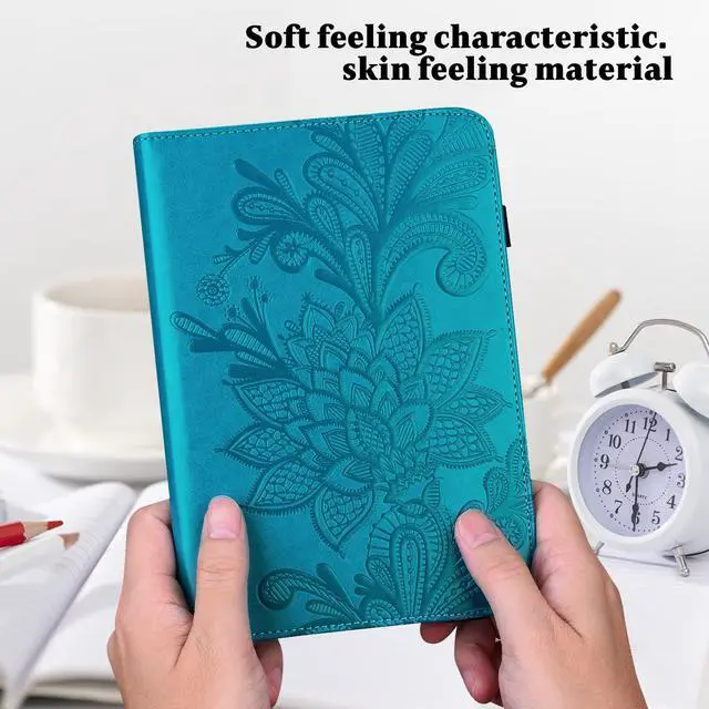 Alt view image 4 of 5 - VODEFOX for Kindle Fire HD 10 Case 9th/7th/5th Generation 10.1 Inch (2019/2017/2015),Embossed Lace Flower PU Leather Folio Wallet Shockproof Cover with Pen Holder Elastic Band 10.1" - Blue