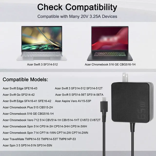 Alt view image 2 of 5 - FLGAN 65W 45W USB C Charger for Acer Swift 3 5 SF314-512 SF514-56T Chromebook Spin 514 714 Acer Spin 3 5 Chromebook Plus 515 Acer Swift Edge 65W Power Cord W21-065N2A W21-065N2D, JY045
