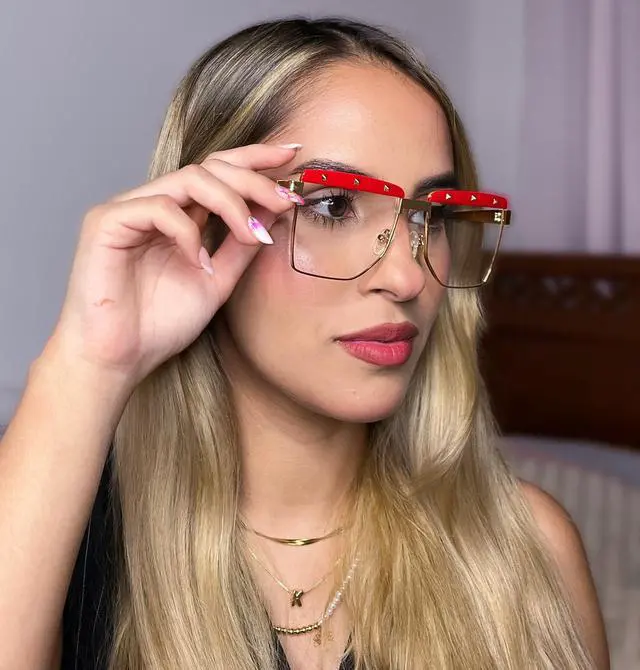 Alt view image 2 of 5 - VOOGLAM Square Women's Non-Prescription Glasses with HD Clear Lenses in Red Metal Mixed Acetate Frame