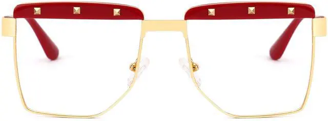 Alt view image 4 of 5 - VOOGLAM Square Women's Non-Prescription Glasses with HD Clear Lenses in Red Metal Mixed Acetate Frame