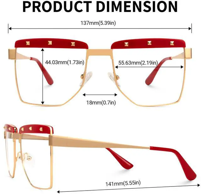 Alt view image 3 of 5 - VOOGLAM Square Women's Non-Prescription Glasses with HD Clear Lenses in Red Metal Mixed Acetate Frame