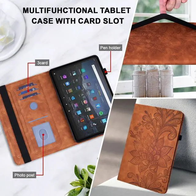 Alt view image 4 of 5 - Kindle Fire Max 11 Case - Embossed Lace PU Leather Flip Folio Tablet Case with Elastic Band & Card Slots/Holder, Multi-Angle Viewing Stand Cover, Brown