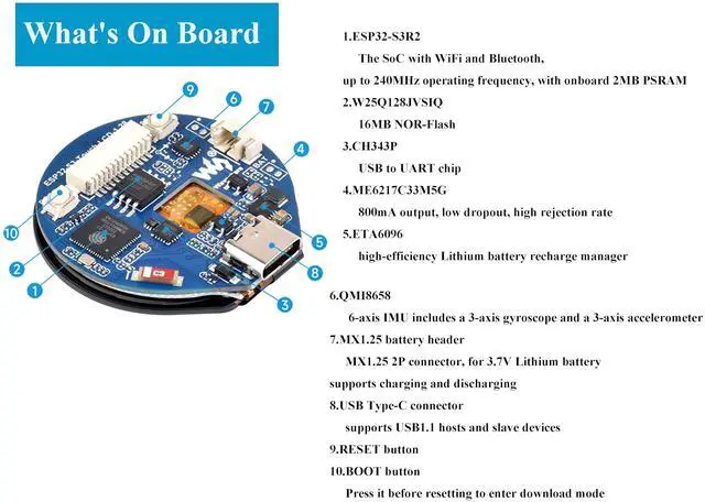 Alt view image 5 of 5 - ESP32-S3 Development Board with 1.28inch Round Touch LCD 240x240 Pixel 65K RGB Color, 32-bit LX7 Dual-Core Processor with 6-axis Sensor, Support 2.4GHz W-i-F-i (802.11 b/g/n) and Blue-Tooth 5