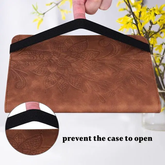 Alt view image 4 of 5 - VODEFOX for Kindle Fire HD 10 Case 9th/7th/5th Generation 10.1 Inch (2019/2017/2015),Embossed Lace Flower PU Leather Folio Wallet Shockproof Cover with Pen Holder Elastic Band 10.1" - Brown