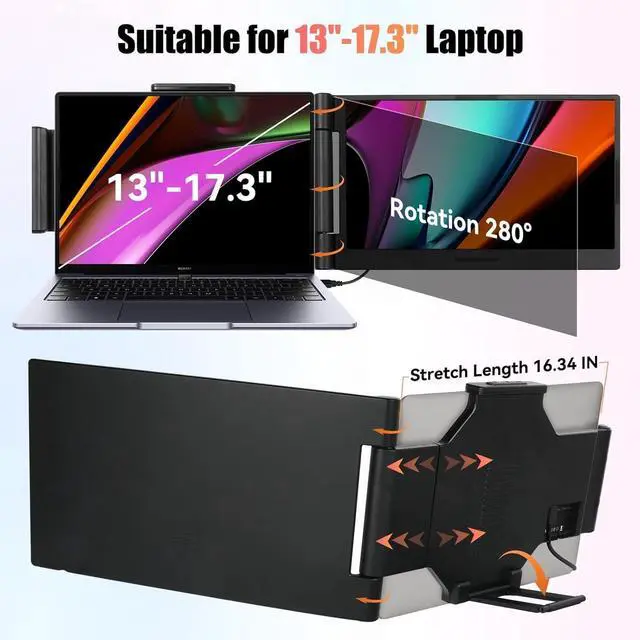 Alt view image 4 of 5 - Laptop Screen Extender 14 inch, 1080P IPS Laptop Monitor Extender, 280deg Rotation Portable Monitor for 13-17.3" with USB-C/HDMI Port, Plug-Play Dual Screen Portable for Windows/Mac/Android