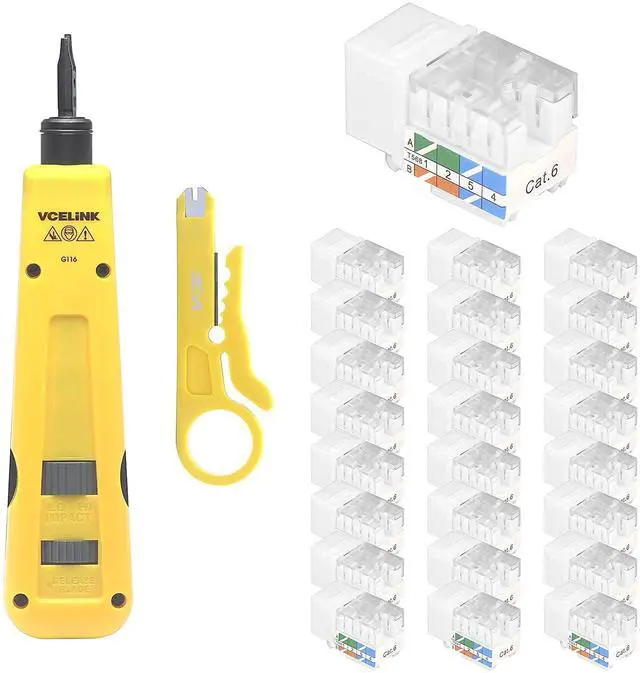 Main image of VCE 25-Pack Cat6 RJ45 90 Degree Keystone Jack Insert Bundle with Punch Down Tool Kit with 110 and 66 Blades