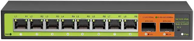 Main image of SICSOLINK 10-Port 2.5gb Switch, 8*2.5G RJ45 and 2x10G SFP Uplink Ports, Unmanaged, Fanless, Multi gigabit, Compatible with 100/1000/2500Mbps Network