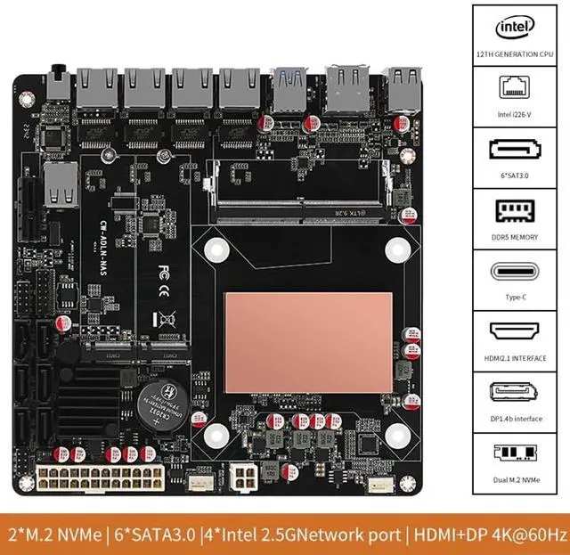 Alt view image 5 of 5 - SIENSNET N150/N355 NAS Mini ITX Motherboard, 6xSATA3.0, DDR5, 4x2.5G LAN, HDMI+DP 4K@60Hz, 2xM.2 NVMe, Type-C (N355+Jon Fan)
