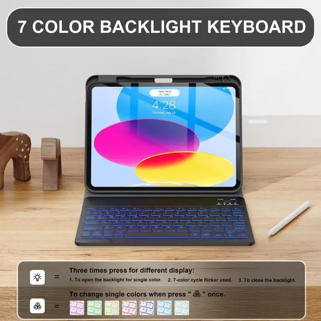 Alt view image 4 of 5 - Soke for iPad (A16) 11th/10th Generation Case with Keyboard(2025/2022)-7 Color Backlight Wireless Detachable Folio Keyboard Cover with Built-in Pencil Holder for iPad 11/10.9 inch, Black Marble