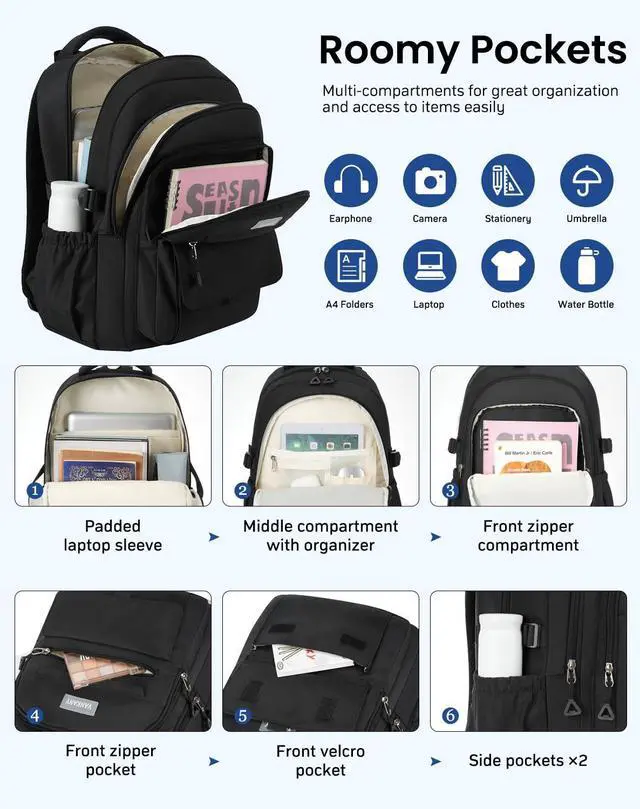 Alt view image 3 of 5 - VANKANY School Backpack for Teen Girls, Aesthetic Bookbag for College Middle High School, Women Students Laptop Backpack Mochilas Escolares, Black