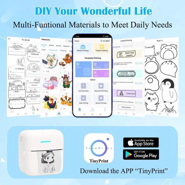 Alt view image 3 of 5 - Vicbear Mini Portable Printer Set with 12 Rolls Printing Paper + 15 Rolls Thermal Sticker Paper Set, White