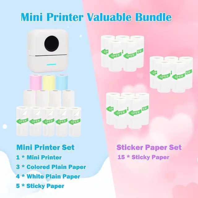 Alt view image 2 of 5 - Vicbear Mini Portable Printer Set with 12 Rolls Printing Paper + 15 Rolls Thermal Sticker Paper Set, White