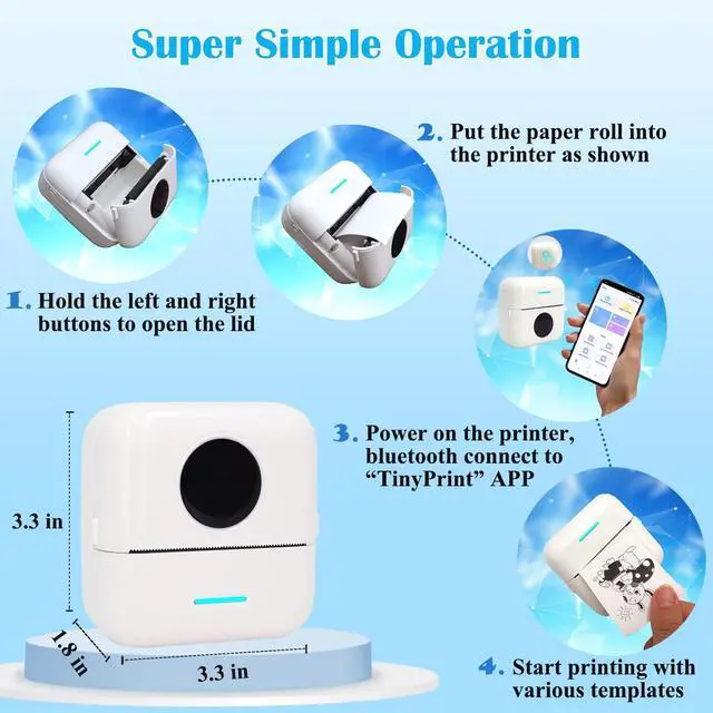 Alt view image 5 of 5 - Vicbear Mini Portable Printer Set with 12 Rolls Printing Paper + 15 Rolls Thermal Sticker Paper Set, White