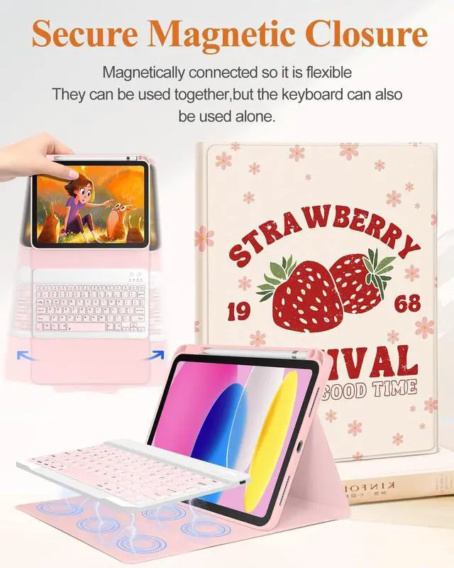 Alt view image 4 of 5 - Wazzasoft for iPad 10th Generation Case with Keyboard - for iPad A16 Cases Pencil Holder 10.9 Inch Cover Women Girl Cute Girly Unique Strawberry Design Funda for Apple Tablet 10th/11th gen