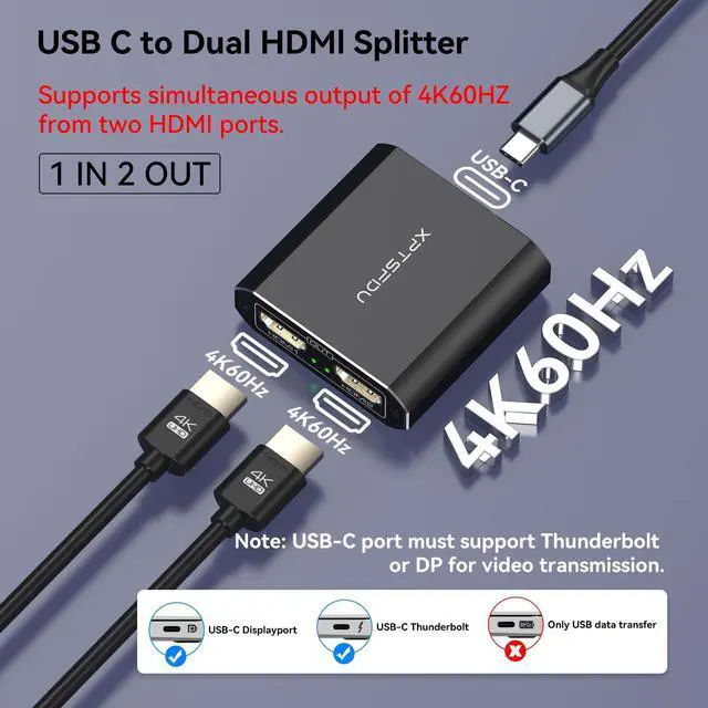 Alt view image 4 of 5 - XPTSFDU 4K60Hz USB C to Dual HDMI Adapter for Dual Monitors Thunderbolt 3/4 to Dual HDMI Splitter 1 in 2 Out Extended Display for Windows Only