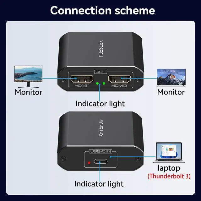 Alt view image 3 of 5 - XPTSFDU 4K60Hz USB C to Dual HDMI Adapter for Dual Monitors Thunderbolt 3/4 to Dual HDMI Splitter 1 in 2 Out Extended Display for Windows Only