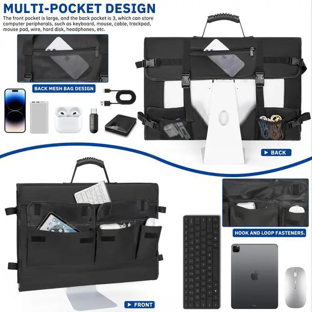 Alt view image 3 of 5 - WELIDAY Monitor Carrying Case for Screens and Monitors, Protective Carrying Case Monitor Dust Cover Compatible with iMac Desktop Computer and Accessories (Black, For 24" Monitor)