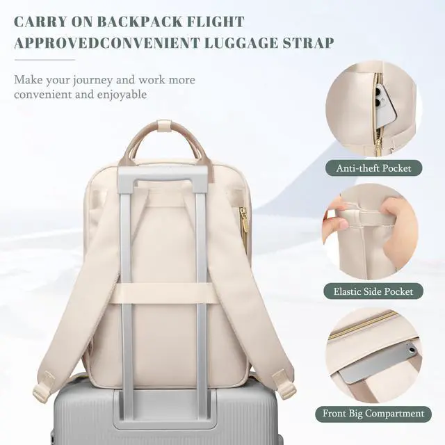 Alt view image 3 of 5 - VNINE Laptop Backpack for Women Work 15.6 Inch Computer Backpacks Purse Large Capacity Carry on Bookbag Waterproof Lightweight Daypack Bag for College Nurse Teacher Travel Beige