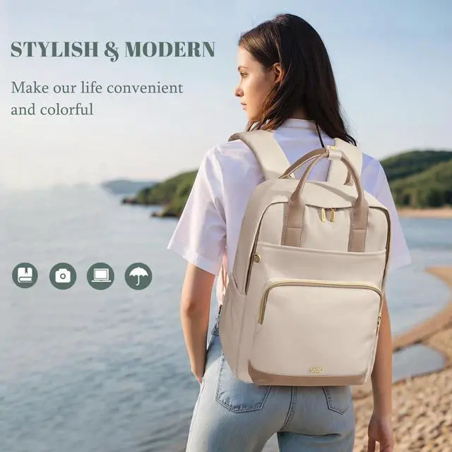 Alt view image 5 of 5 - VNINE Laptop Backpack for Women Work 15.6 Inch Computer Backpacks Purse Large Capacity Carry on Bookbag Waterproof Lightweight Daypack Bag for College Nurse Teacher Travel Beige