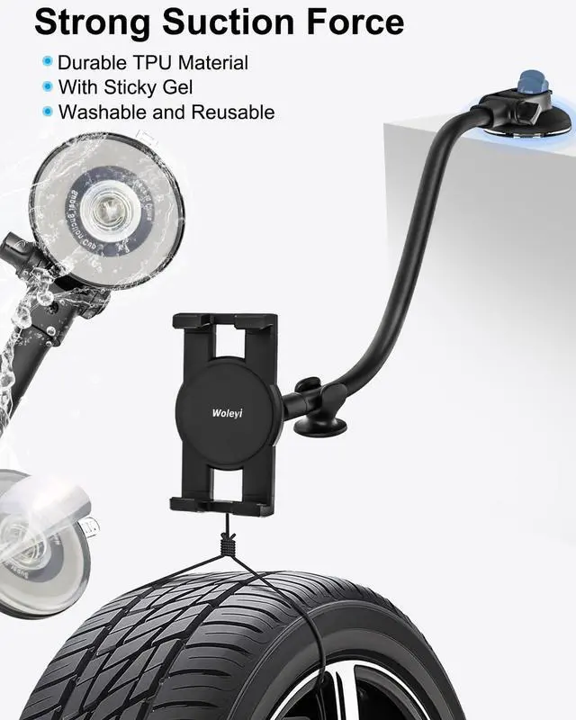 Alt view image 3 of 5 - woleyi Tablet Holder for Car Dashboard Windshield [Gooseneck Long Arm] Suction Cup iPad Holder for Car, Car Tablet Mount Compatible with iPad Pro Air Mini, Galaxy Tabs, Cell Phones, 4.7-13" Devices