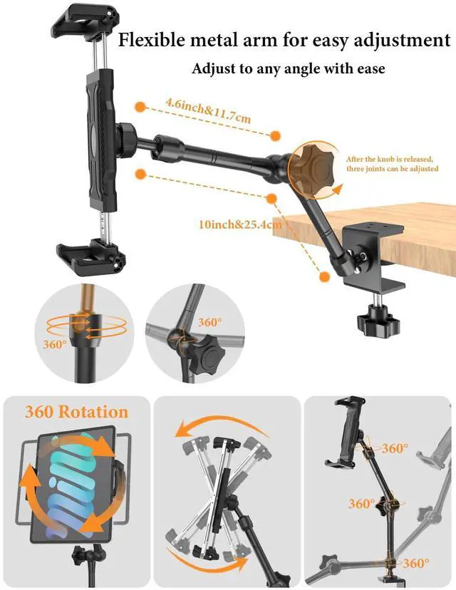 Alt view image 3 of 5 - WISHCODE Tablet Stand for Desk, [360deg Rotating Arm] Portable Aluminum Mount for Live Streaming, Kitchen, Office, Wardrobe, Cupboard -- Fits 5.5-15.6" iPad Pro/Air/Mini, Galaxy Tab, Fire