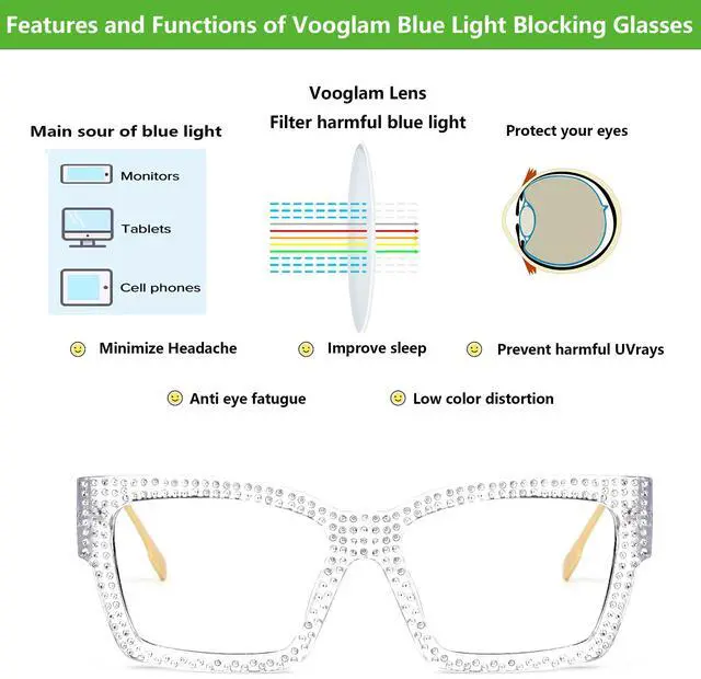 Alt view image 5 of 5 - VOOGLAM Blue Light Glasses Waylon Clear Rhinestone Rectangle Frame Eyeglasses
