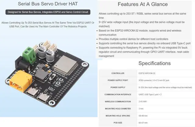 Alt view image 2 of 5 - Serial Bus Servo Driver HAT Based on ESP32-WROOM-32 Module, Suitable for Raspberry P 5 / 4B and ST/RSBL Series Serial Bus Servos up to 253 Serial Bus Servos at The Same Time/Robotic Project