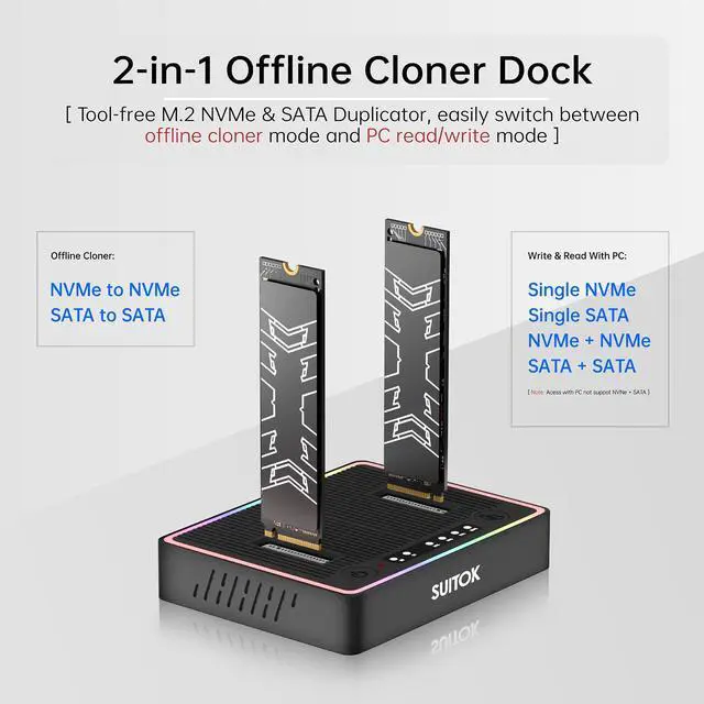 Alt view image 2 of 5 - SUITOK M.2 Duplicator Cloner Dual-Bay Offline USB C to NVMe SATA Dock Station, 20Gbps M2 Reader for Both (M Key, B+M Key) PCIE NGFF Docking, Size for 22110 2280 2260 2242 2230 Enclosure - STK03