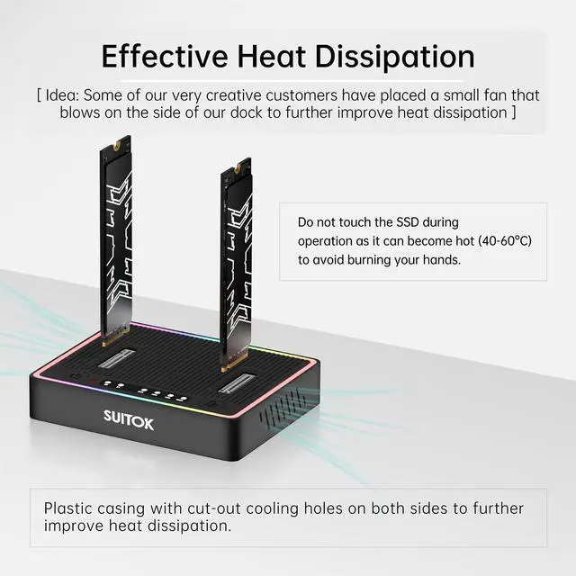 Alt view image 4 of 5 - SUITOK M.2 Duplicator Cloner Dual-Bay Offline USB C to NVMe SATA Dock Station, 20Gbps M2 Reader for Both (M Key, B+M Key) PCIE NGFF Docking, Size for 22110 2280 2260 2242 2230 Enclosure - STK03
