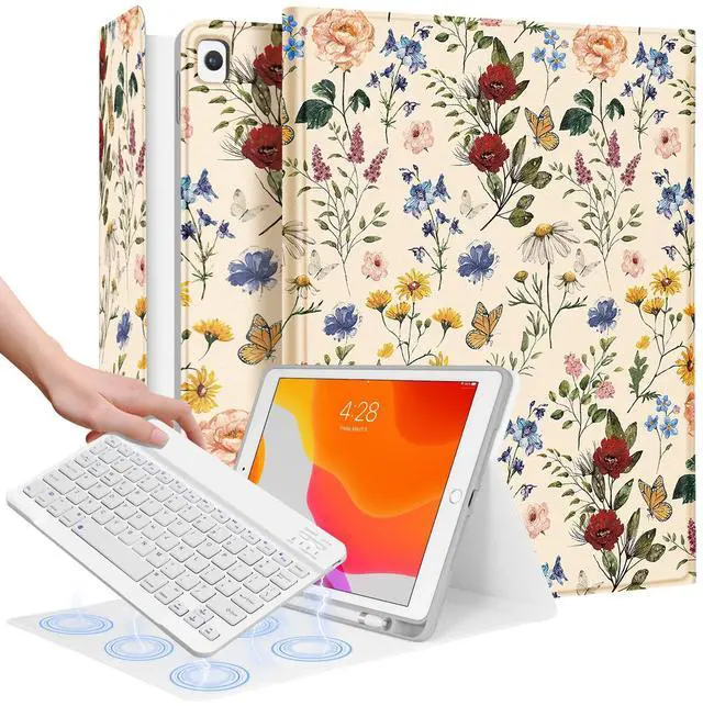 Main image of Wazzasoft for iPad 9th/8th/7th/Air 3rd Generation/Pro 10.5 Inch Case Keyboard Pencil Holder Folio Tablet Cover Women Girl Cute Girly Teen Kawaii Floral Flower Unique Design for Apple 10.2 & 10.5 Inch
