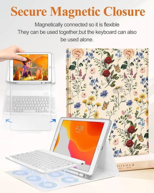 Alt view image 4 of 5 - Wazzasoft for iPad 9th/8th/7th/Air 3rd Generation/Pro 10.5 Inch Case Keyboard Pencil Holder Folio Tablet Cover Women Girl Cute Girly Teen Kawaii Floral Flower Unique Design for Apple 10.2 & 10.5 Inch