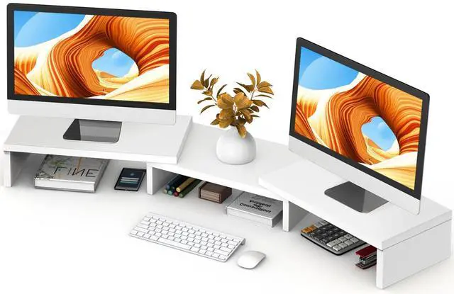 Main image of TAVR Furniture Dual Monitor Stand Riser, Computer Monitor Stands for 2 Monitors, Extra Long Multifunctional Desktop Organizer Riser for Computer, Laptop, PC, Printer, TV, Max 43.3" Length, White