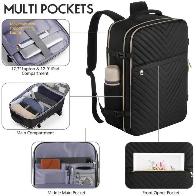 Alt view image 5 of 5 - MOMUVO Carry On Backpack for Women,Flight Approved Large Travel Laptop Backpack Water Resistant Luggage Travel Bag for Weekender Business, Black-1