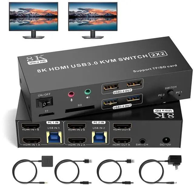 Main image of HDMI KVM Switch 2 Monitors 2 Computers 8K@60Hz, Dual Monitor Switch for 2 Computers,Support Extended/Mirror Mode SD/TF Card,4 USB 3.0 Port for Keyboard Mouse Supports SD/TF Card,Desktop Controller
